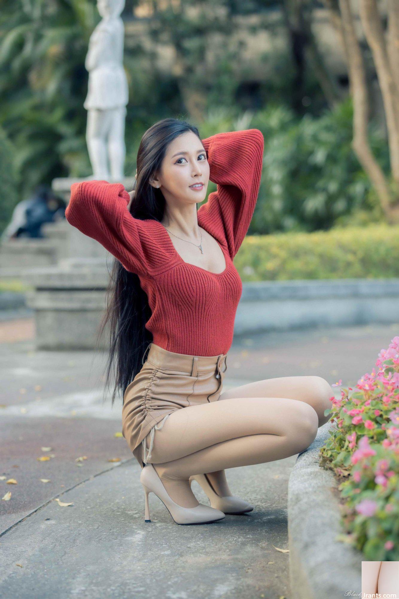 (Bab tambahan tentang kaki indah) Model cantik dengan kaki panjang, Xu Huiling, celana pendek kulit, sepatu hak tinggi, dan kaki indah (87P)