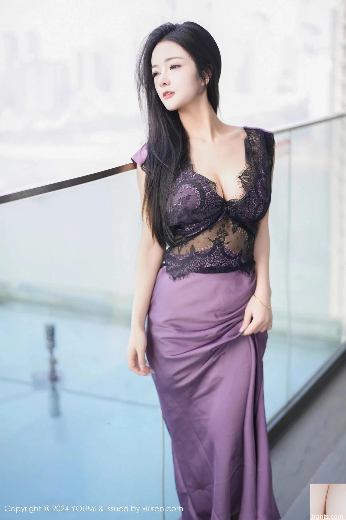 YouMi YouMiyu) Vo|.1036 La jupe translucide violette sexy du mannequin Xiaochatea révèle des sous-vêtements bleus et des bas noirs, la photo de charme ultime (75P)